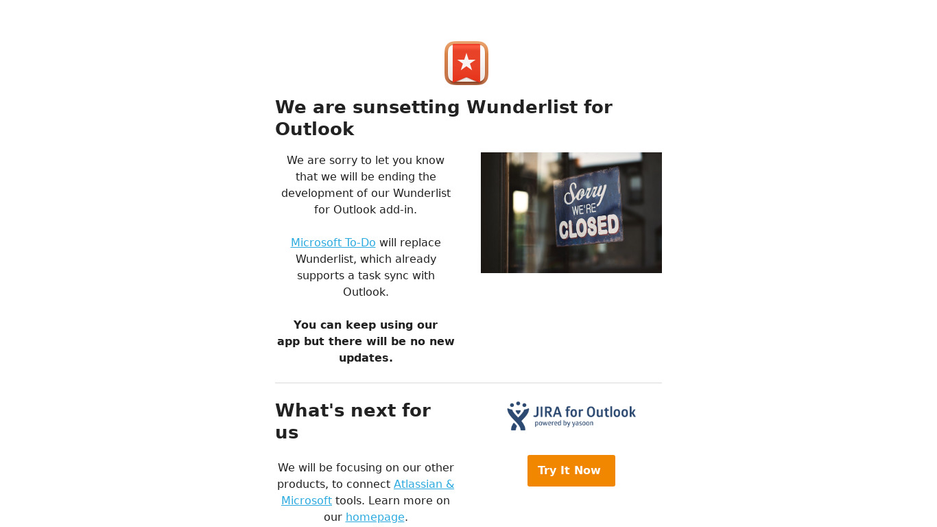 Wunderlist for Outlook Landing page