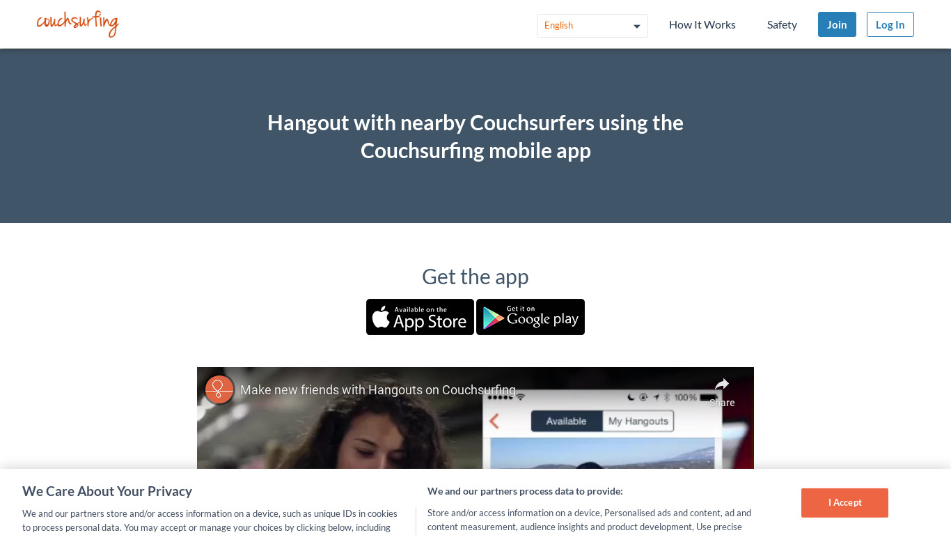 Couchsurfing Hangouts Landing page