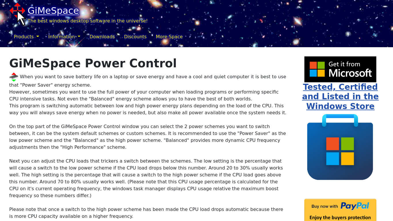 GiMeSpace Power Control Landing page