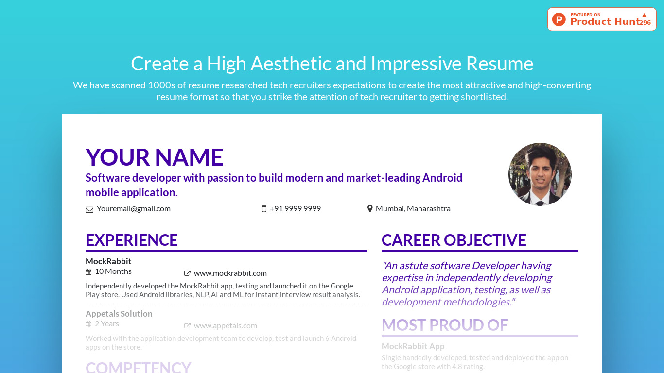 Resume Maker by MockRabbit Landing page