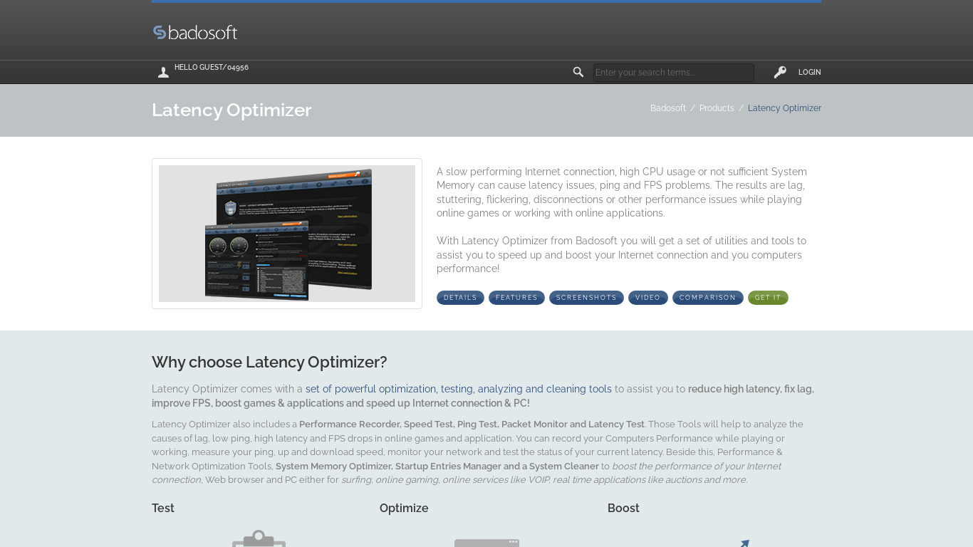 badosoft.com Latency Optimizer Landing page