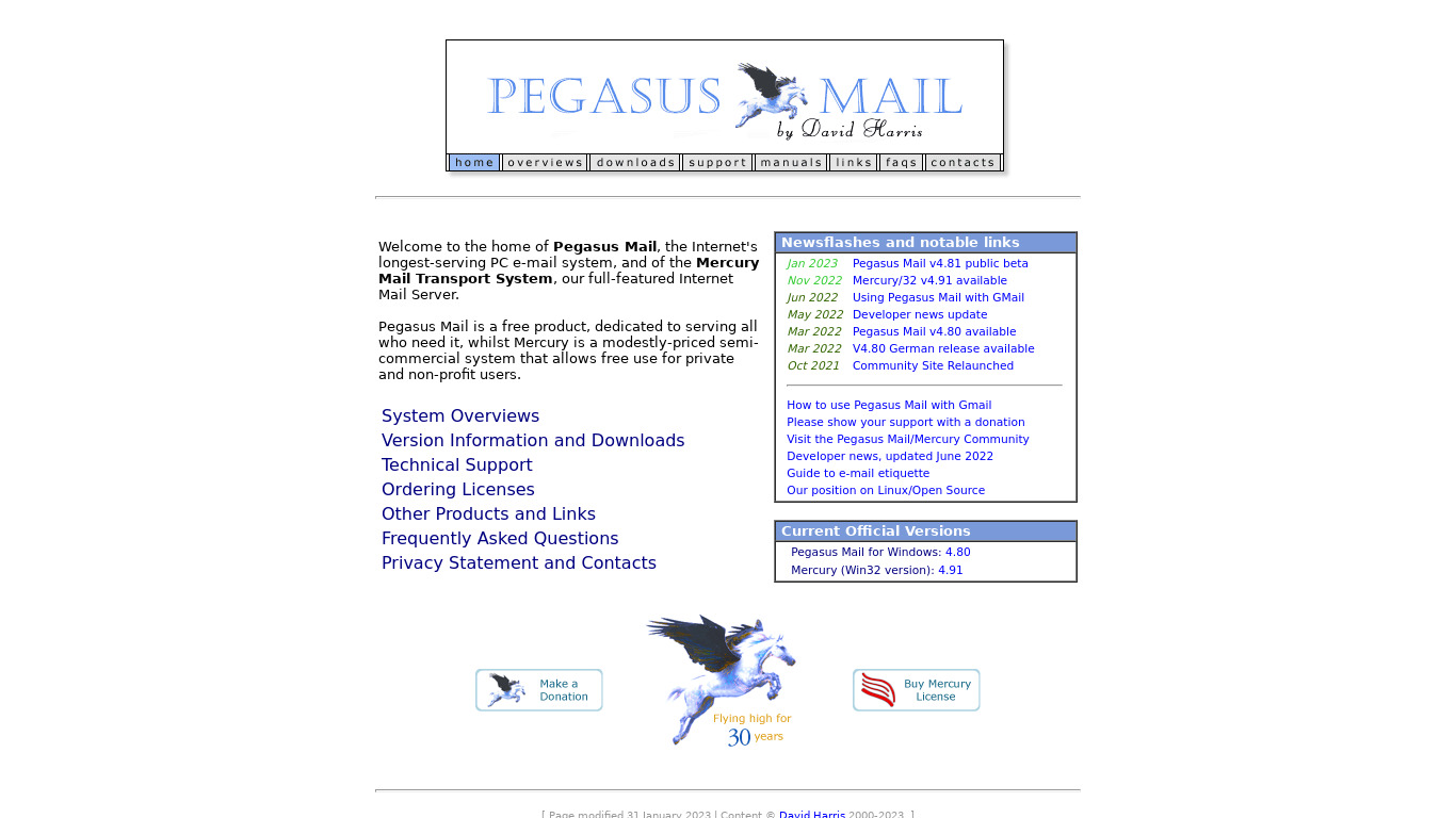 Pegasus Mail Landing page