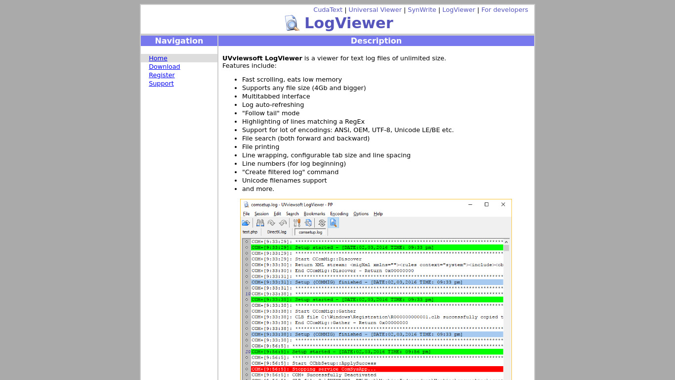 Logviewer Landing page