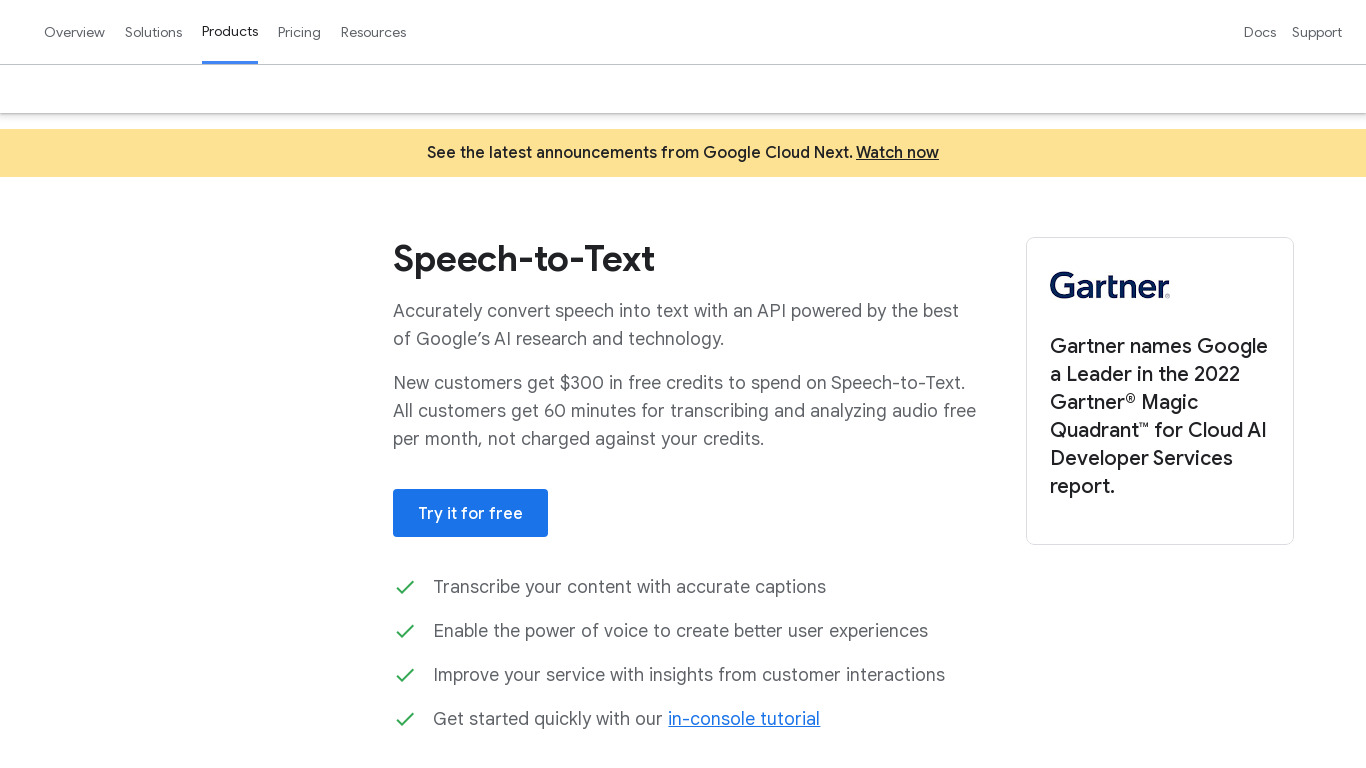 Google Cloud Speech API Landing page