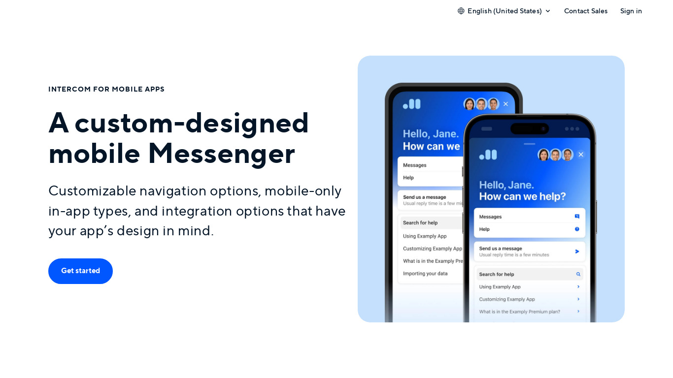 Intercom for mobile apps Landing page