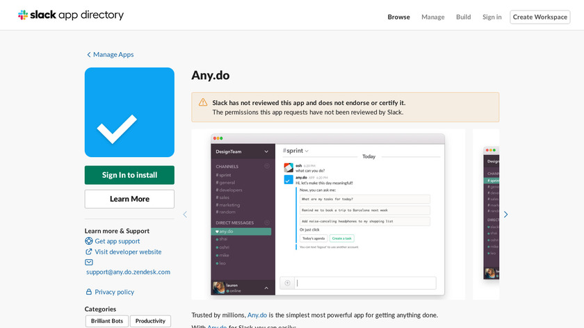 Any.do for Slack Landing Page