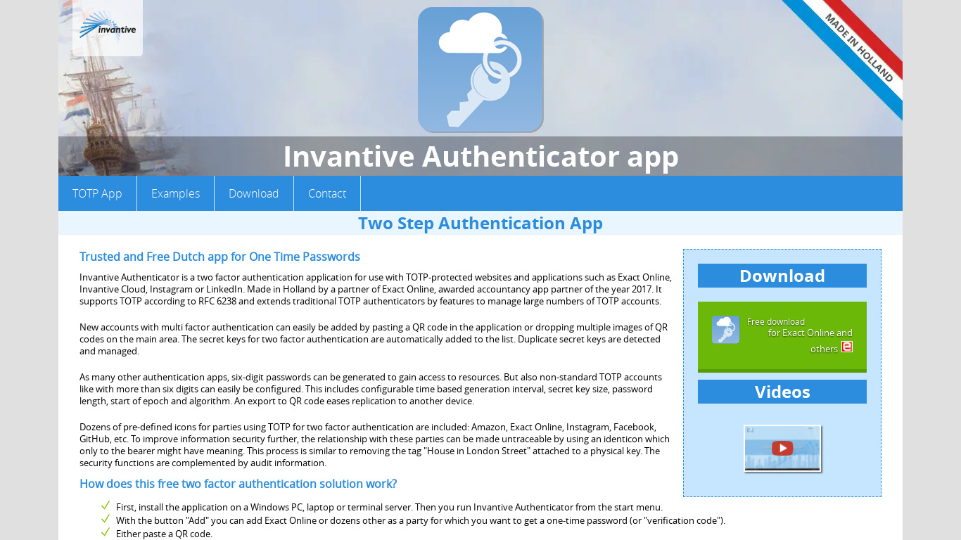 Invantive Authenticator Landing page