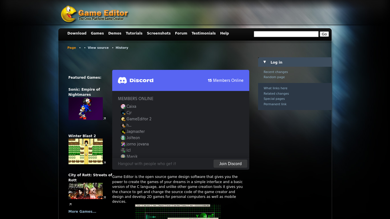 Game Editor Landing page