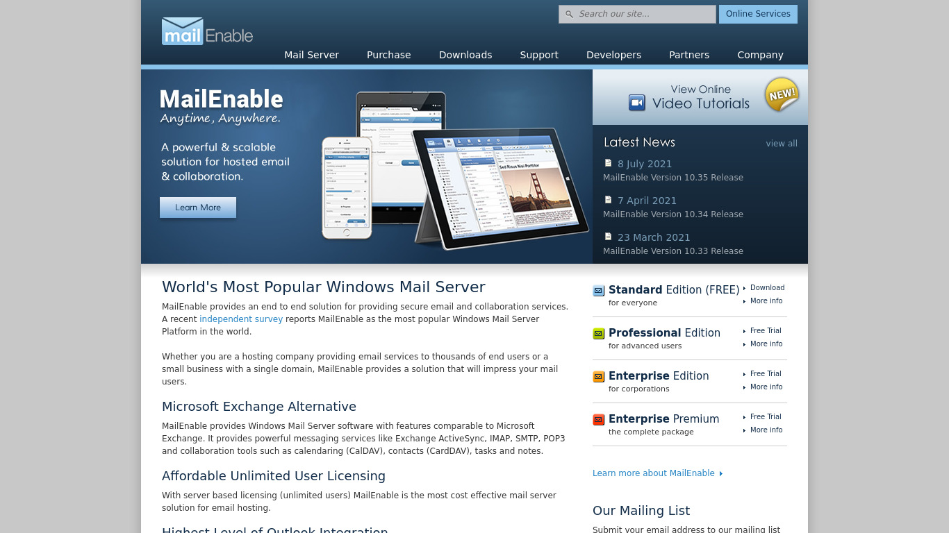 MailEnable Landing page