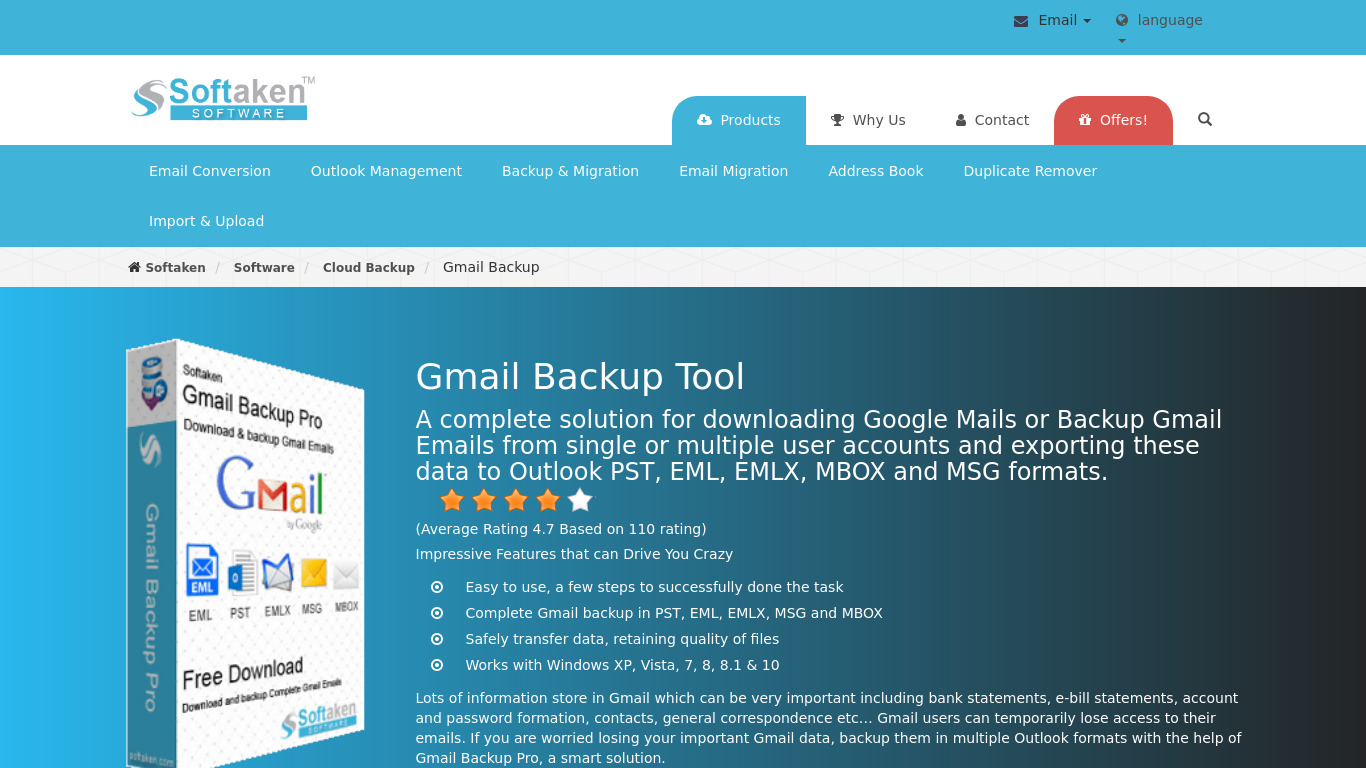 Softaken Gmail Backup Pro Landing page