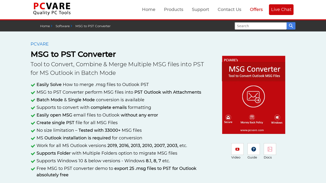 PCVARE MSG to PST Converter Landing page