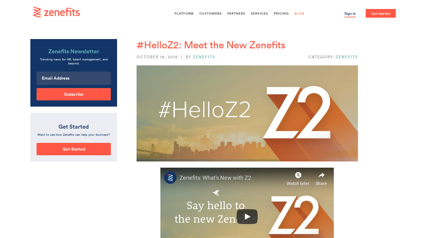 Zenefits Z2 Landing page