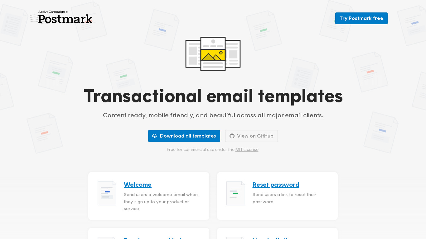 Transactional Email Templates by Postmark Landing page