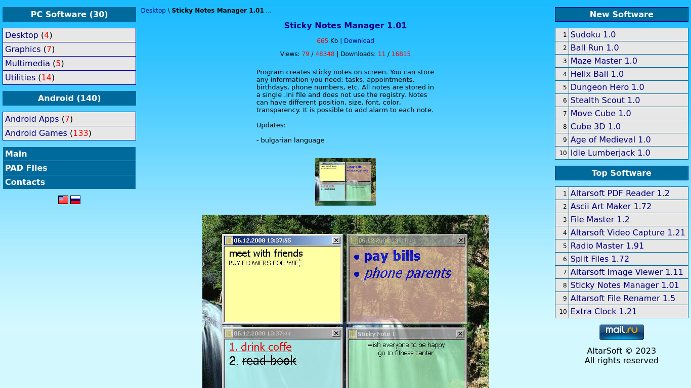 AltarSoft Sticky Notes Manager Landing page