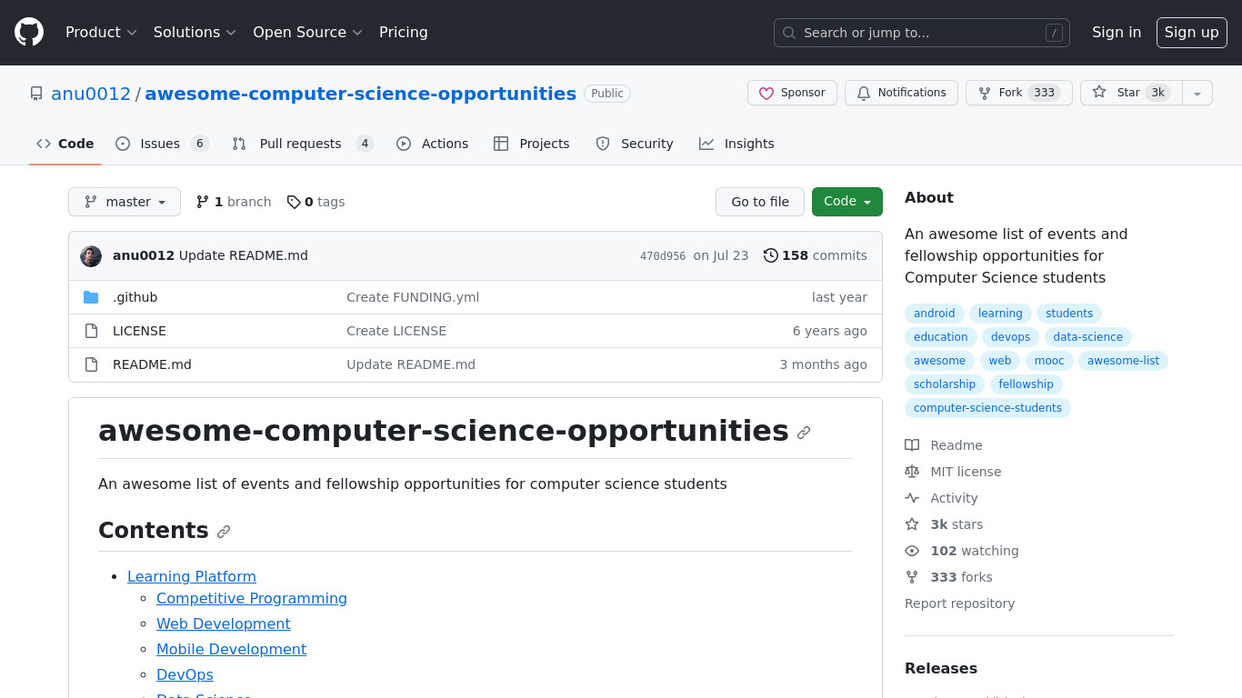 Awesome Computer Science Opportunities Landing page