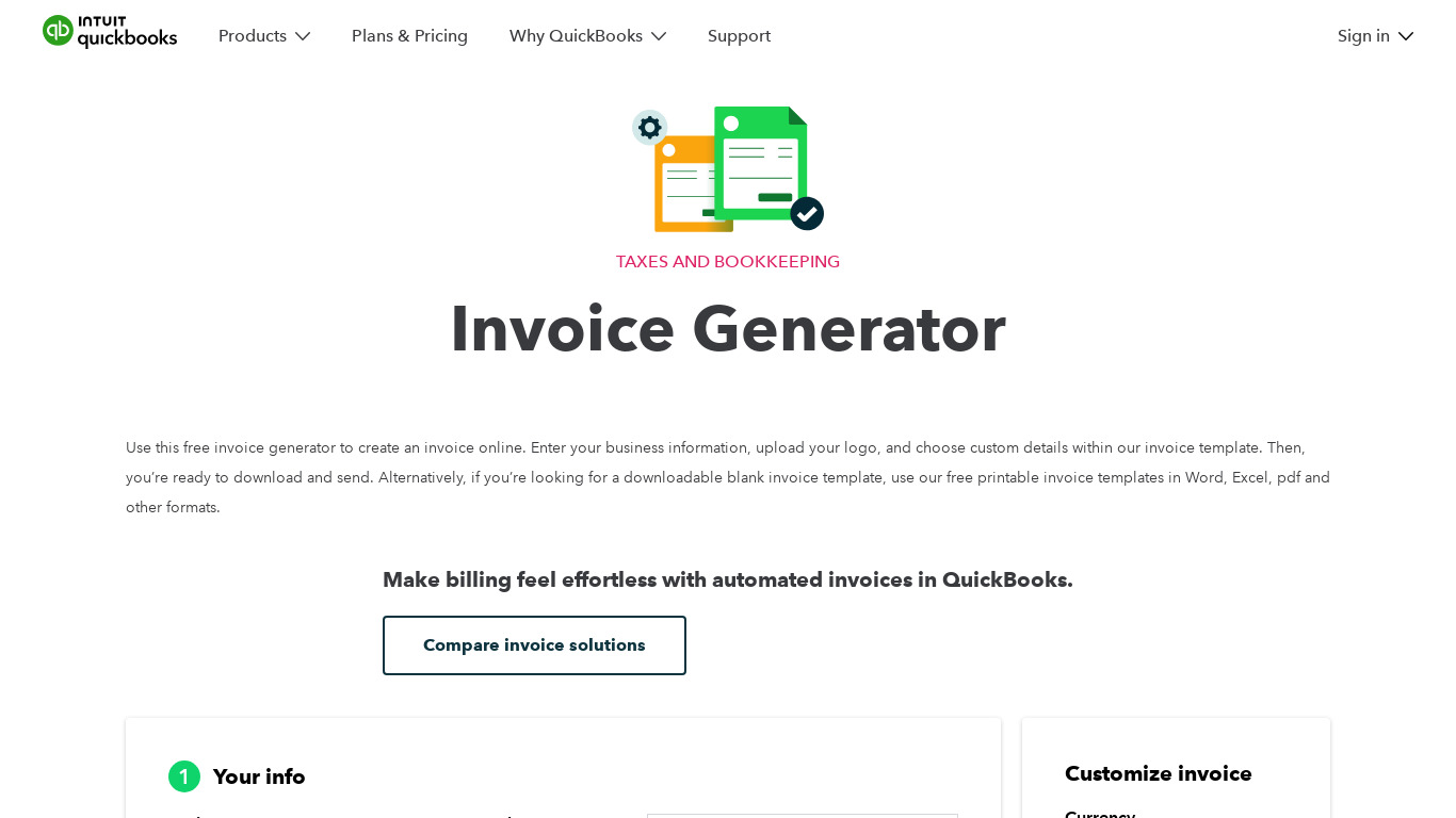 QuickBooks free invoice creator Landing page