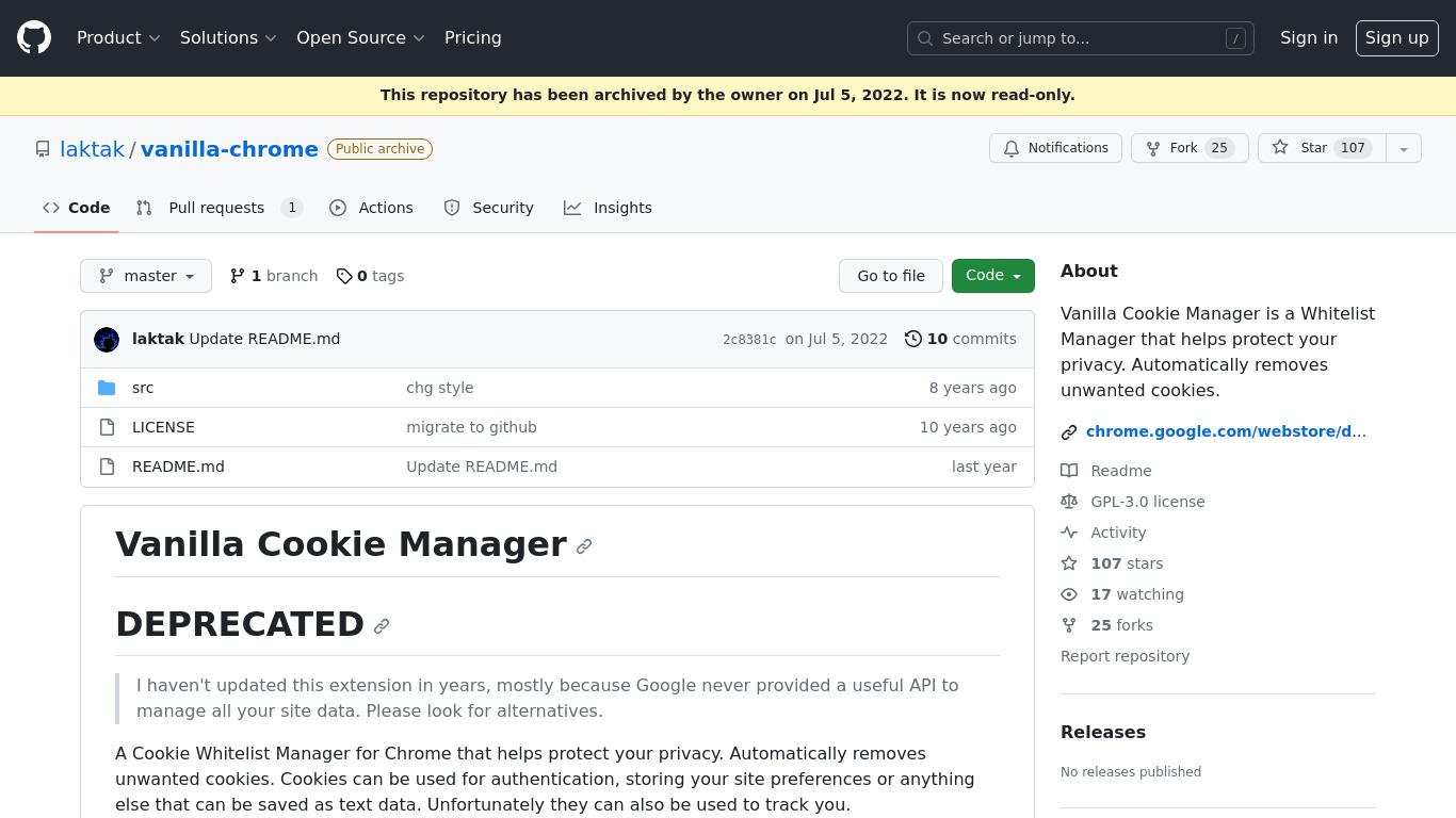Vanilla Cookie Manager Landing page