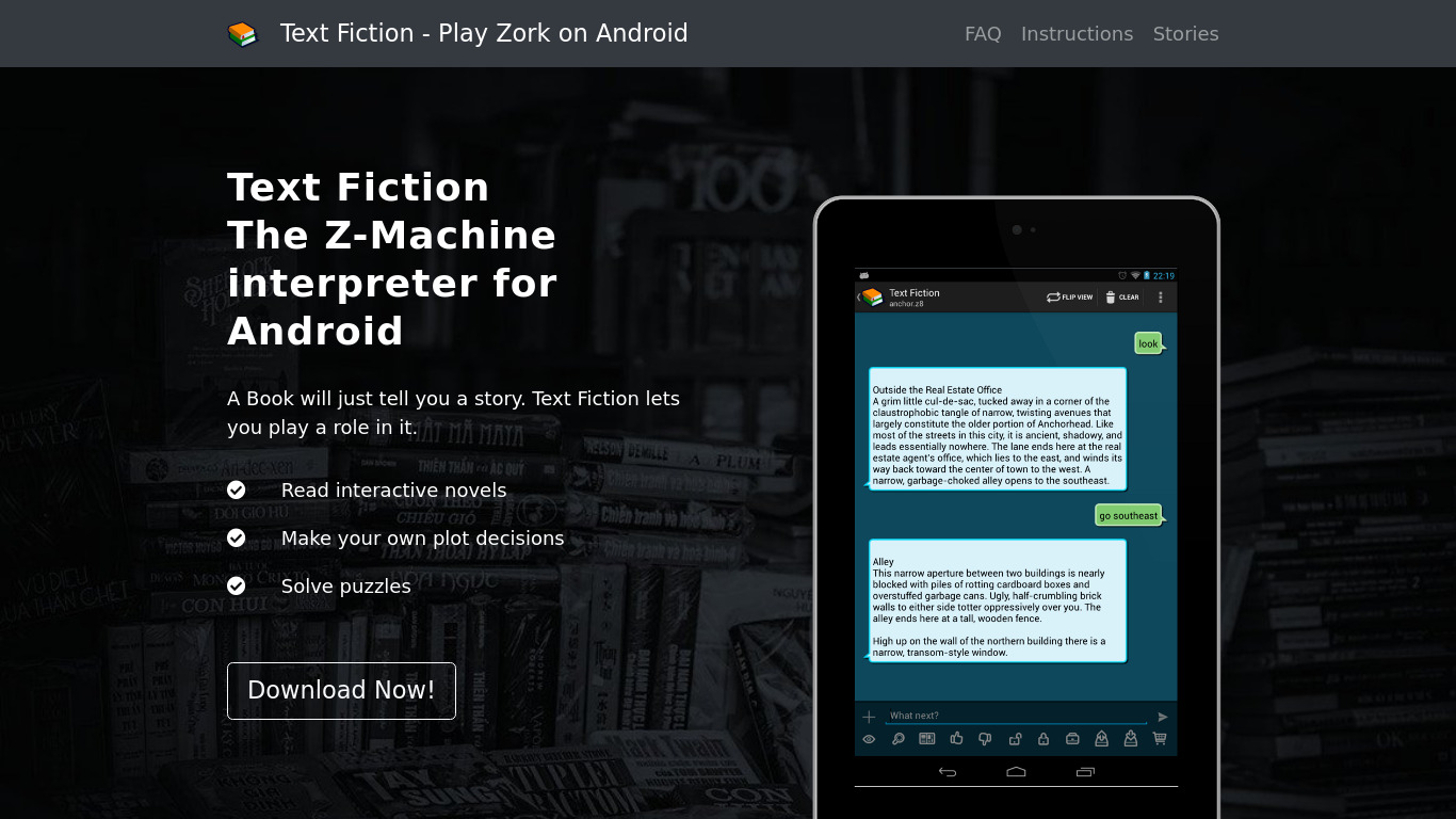 Text Fiction Landing page