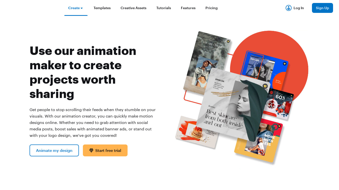 Animated Designs by Crello Landing page