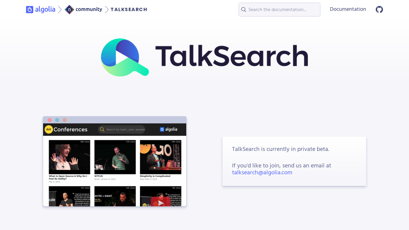 TalkSearch by Algolia Landing page