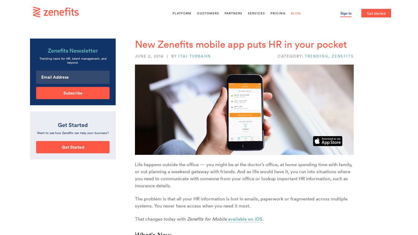 Zenefits Mobile Landing page