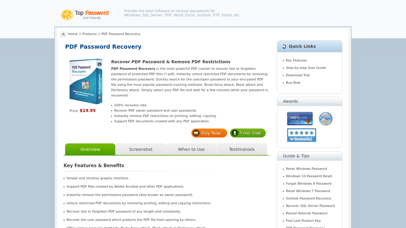 PDF Password Recovery Landing page
