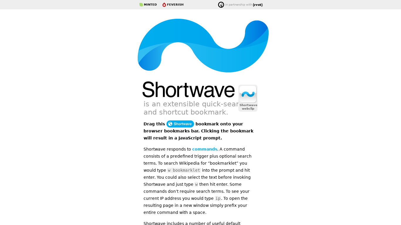Shortwave Bookmarklet Landing page