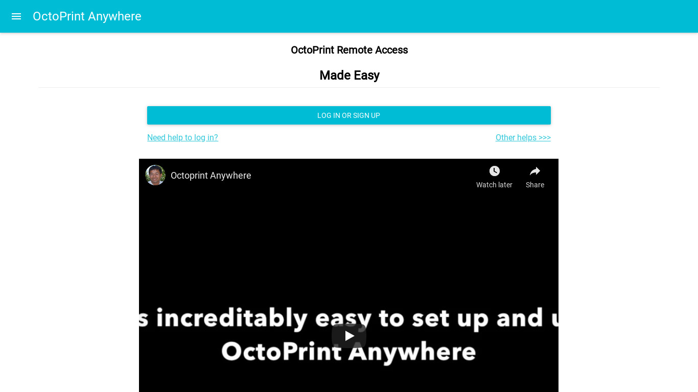 OctoPrint Anywhere Landing page