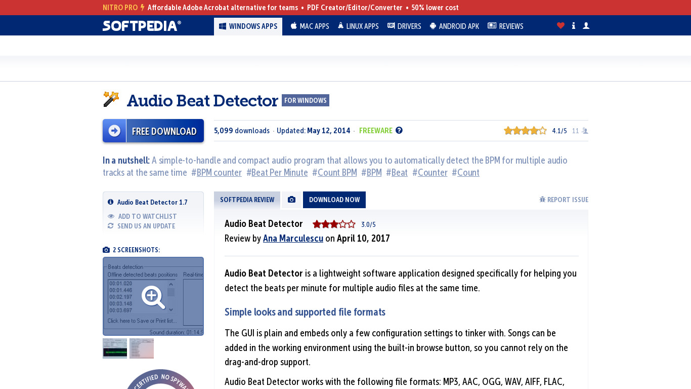 Audio Beat Detector Landing page