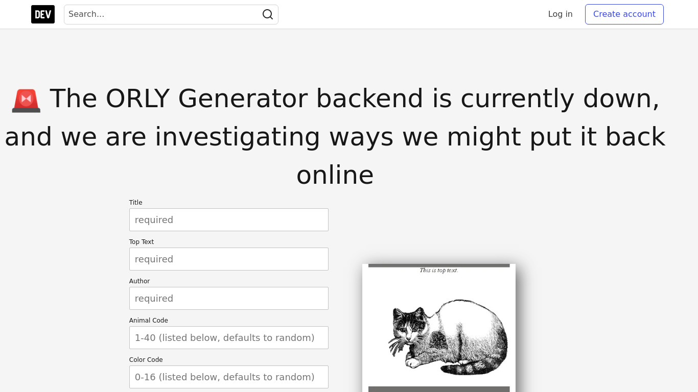 O RLY Cover Generator Landing page