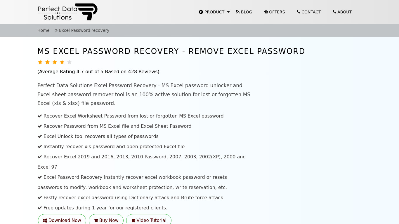 PerfectDataSolutions Excel Password Recovery Landing page