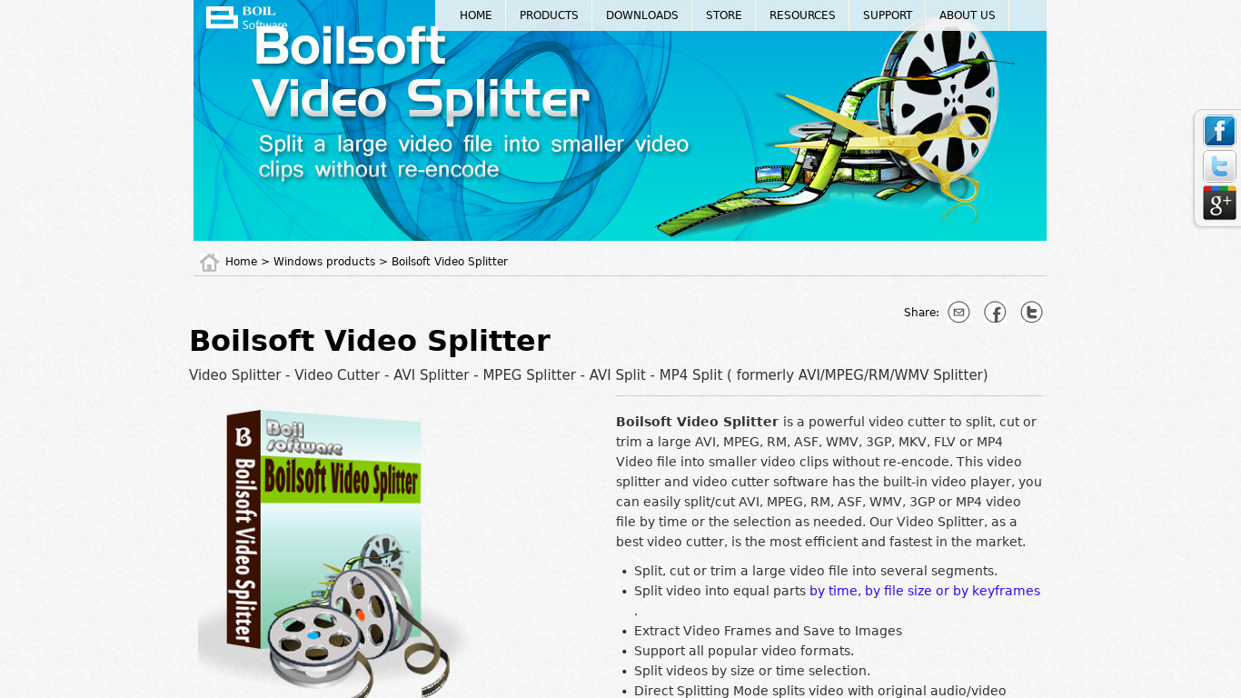Boilsoft Video Splitter Landing page