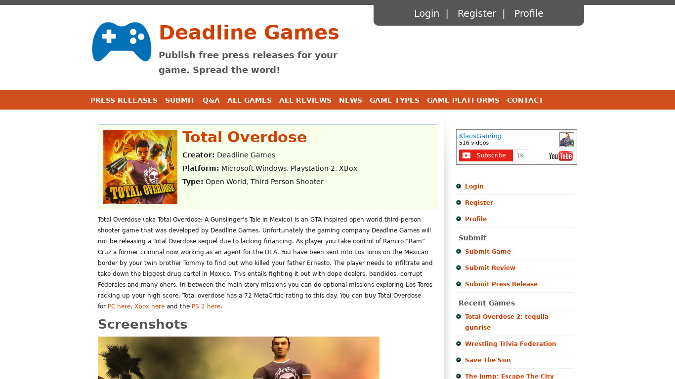 Total Overdose Landing page