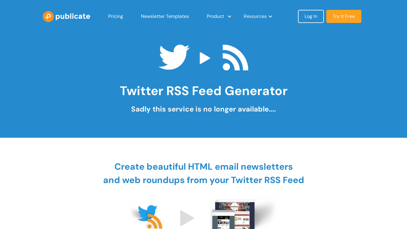 Free Twitter RSS Feed Generator Landing page