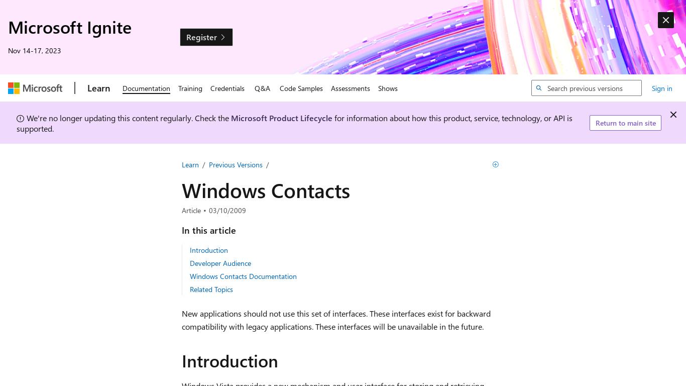 Windows Contacts Landing page