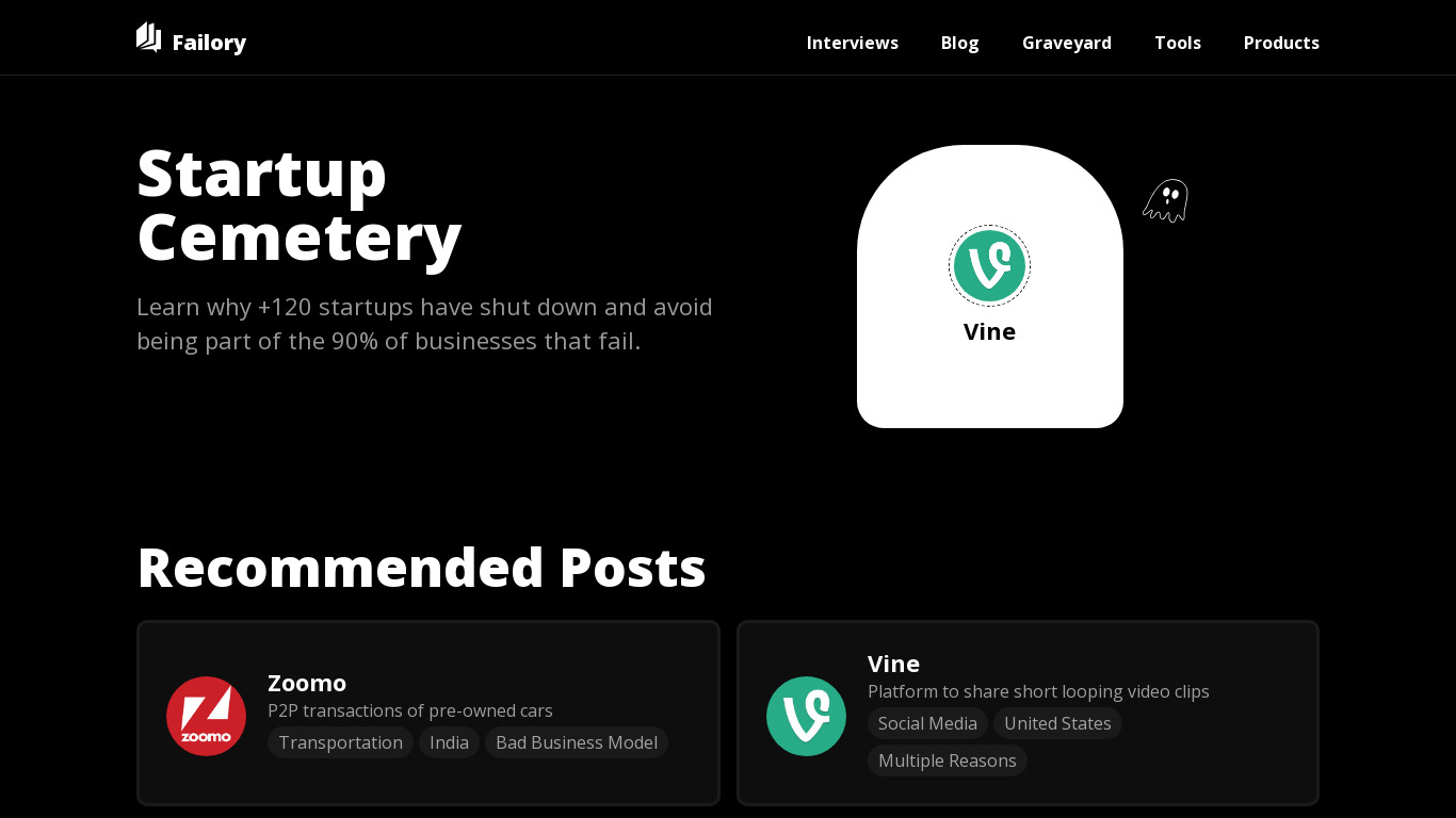 Startup Cemetery Landing page
