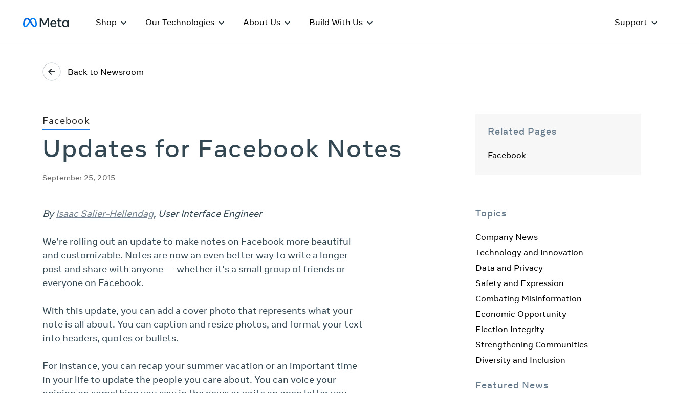 Facebook Notes Landing page