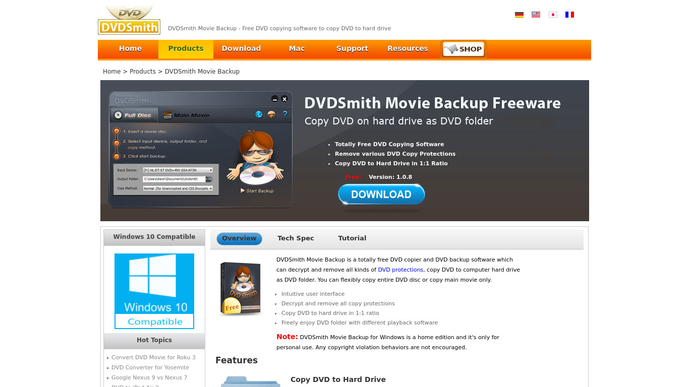 DVDSmith Movie Backup Landing page