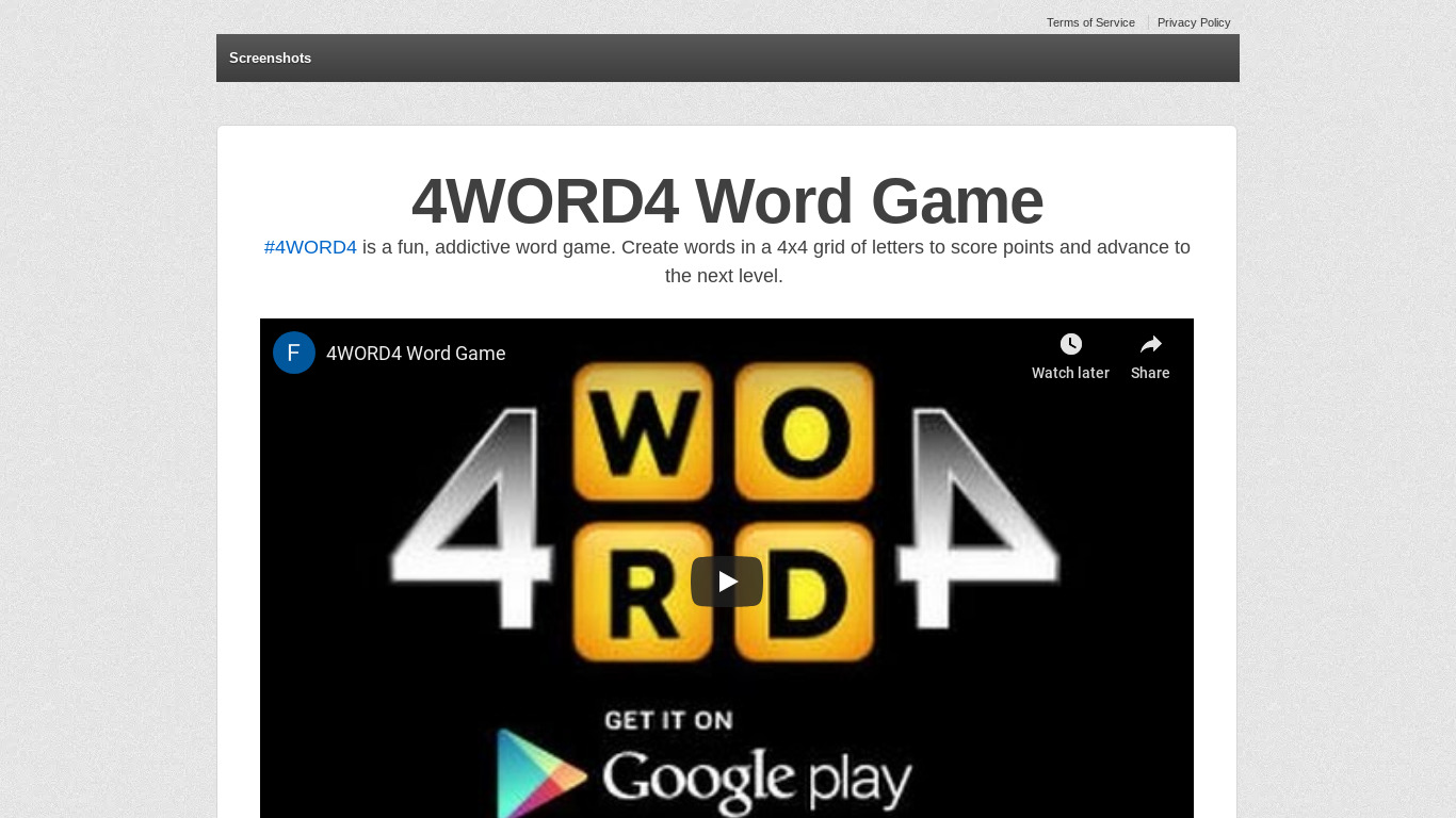 4WORD4 Word Game Landing page