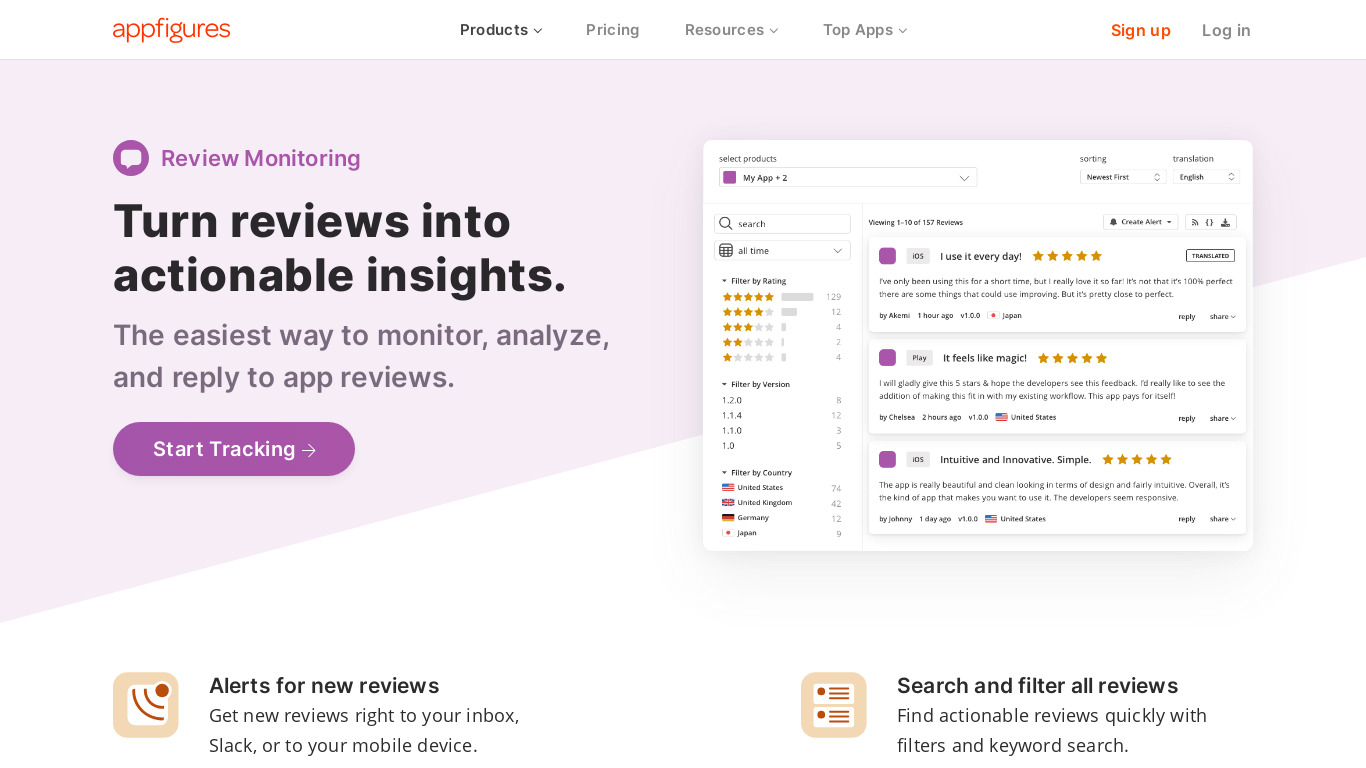 App Reviews Dashboard by Appfigures Landing page