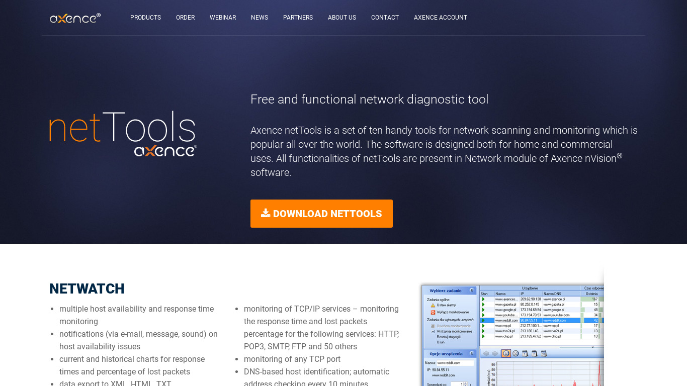 Axence netTools Landing page