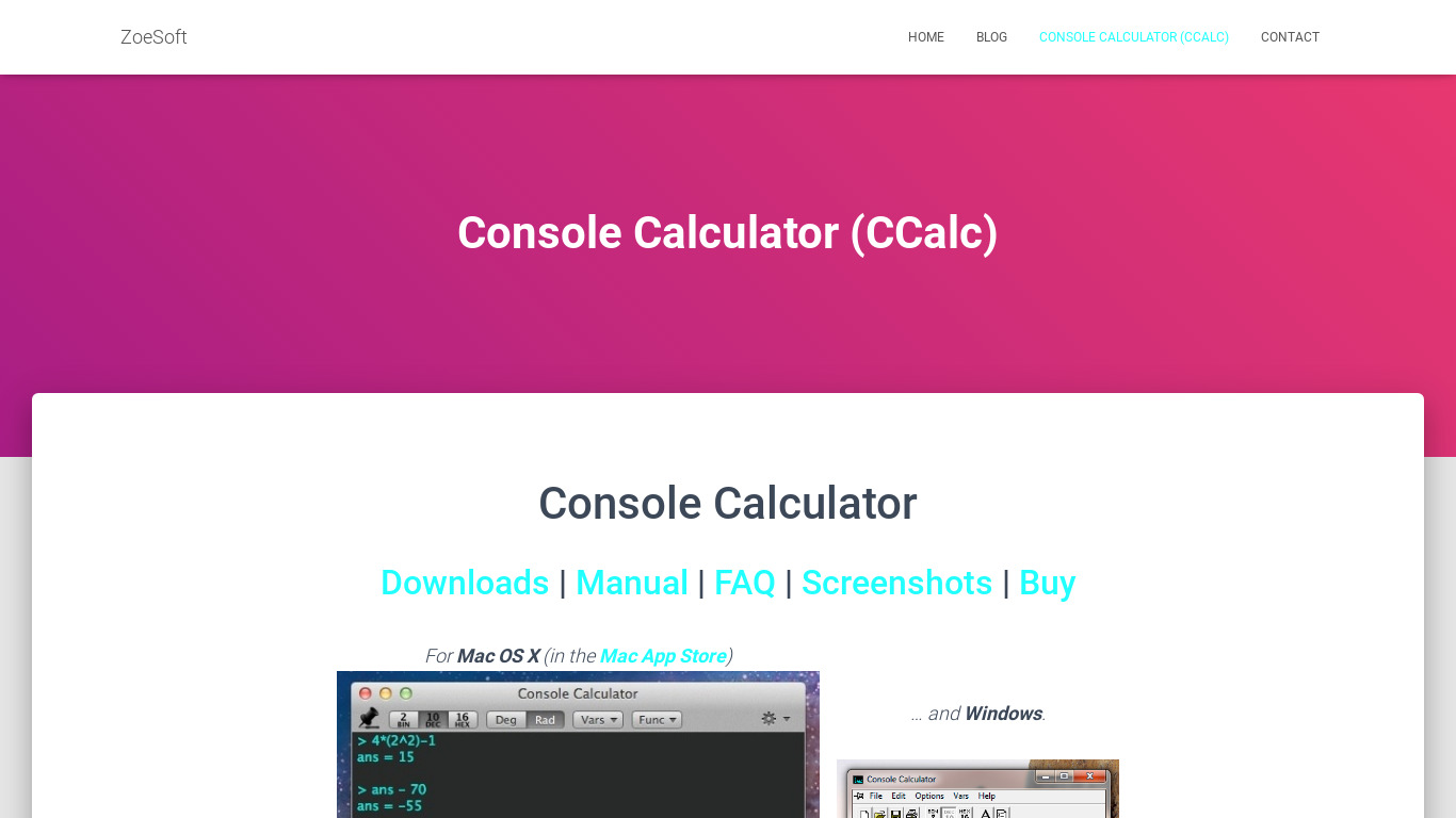 Console Calculator Landing page