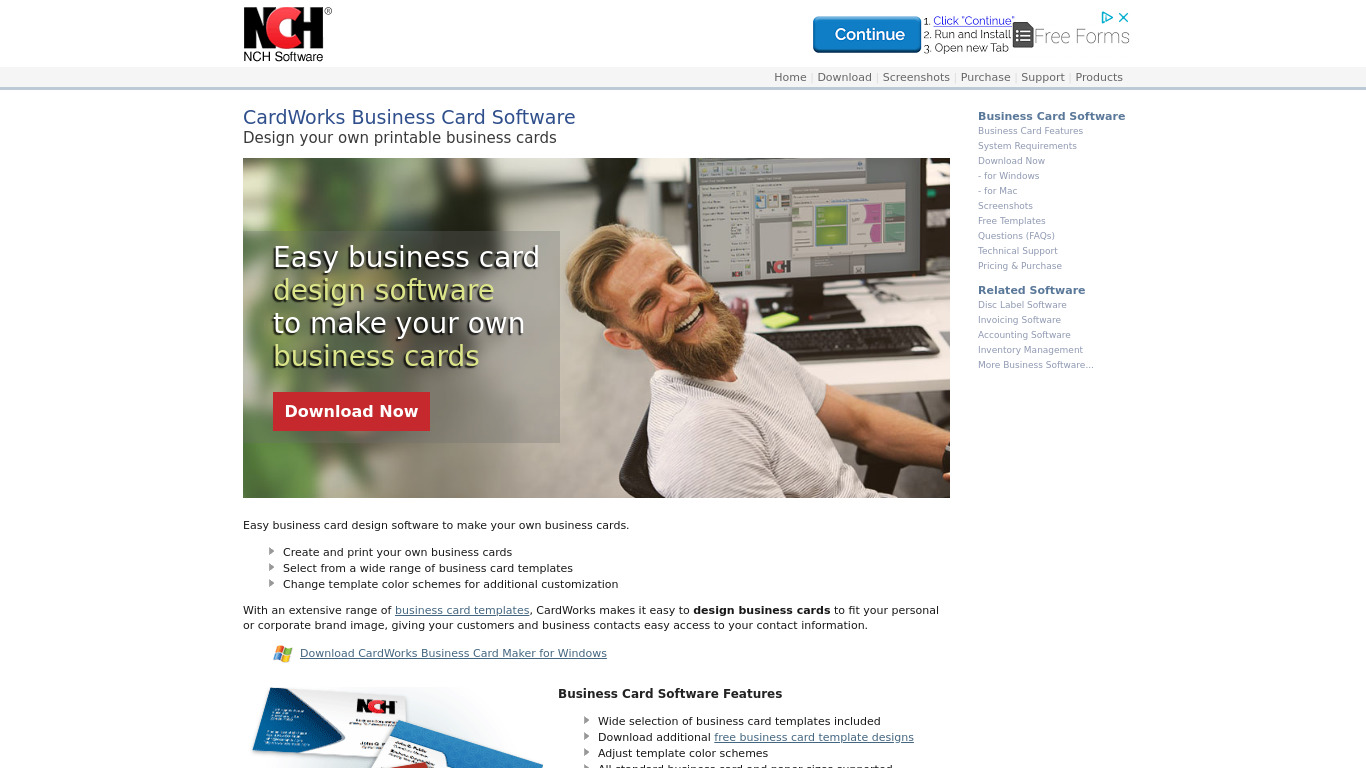 CardWorks Business Card Software Landing page