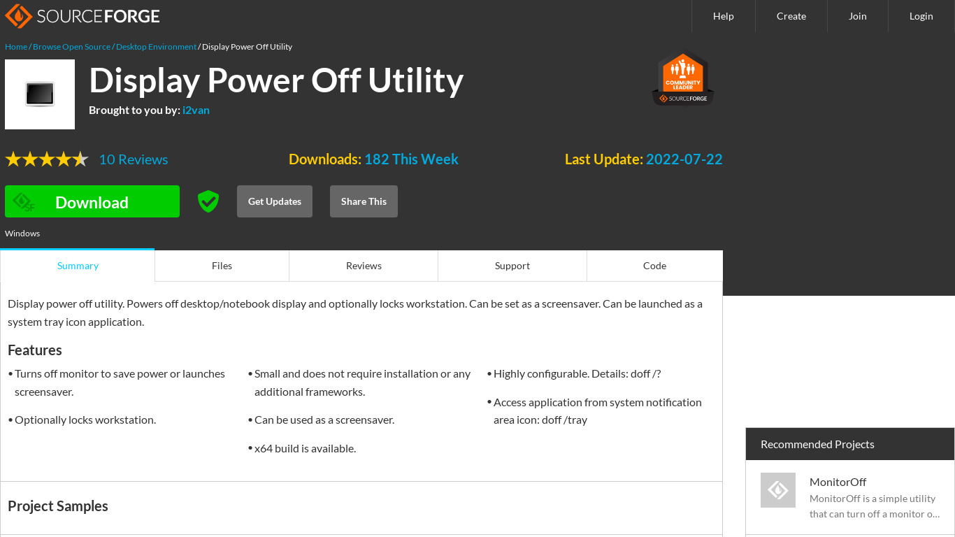 Display Power Off Utility Landing page