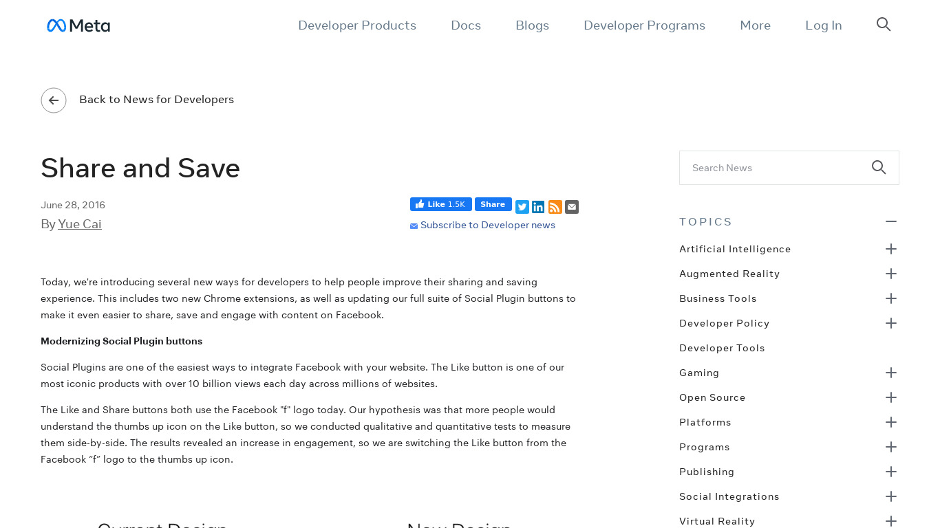 Facebook Share and Save Extensions Landing page