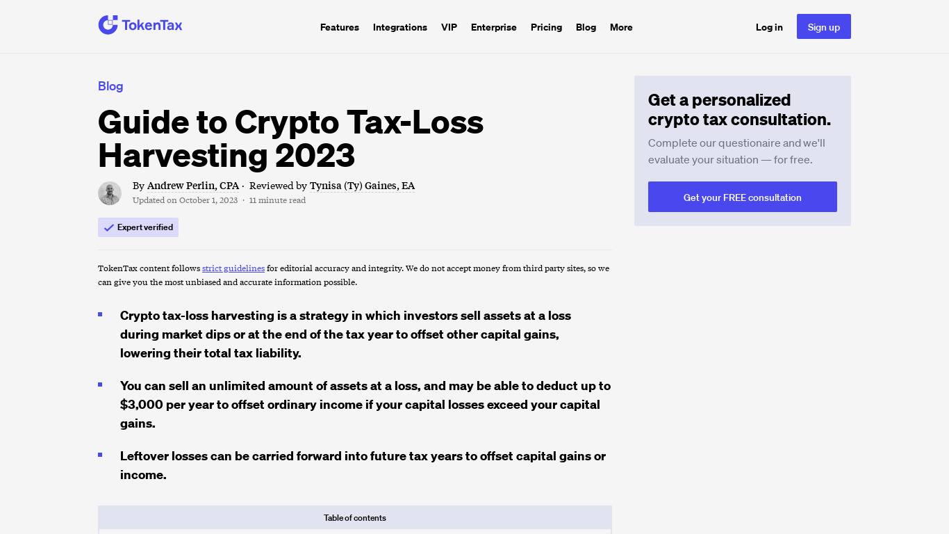 TokenTax: Crypto Tax Loss Harvesting Landing page