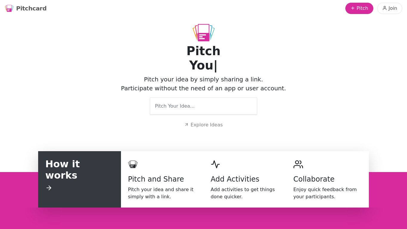 Pitchcard Explore Landing page