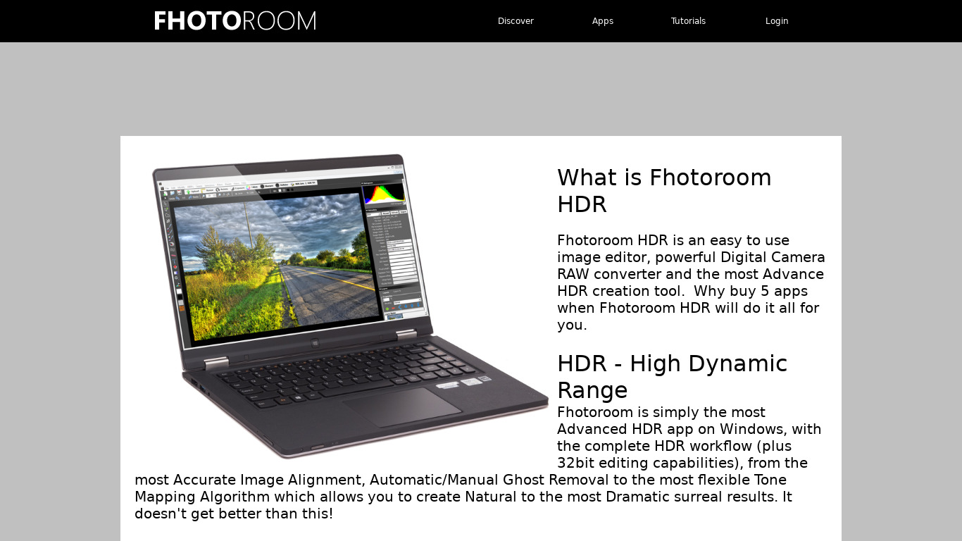 Fhotoroom HDR Landing page