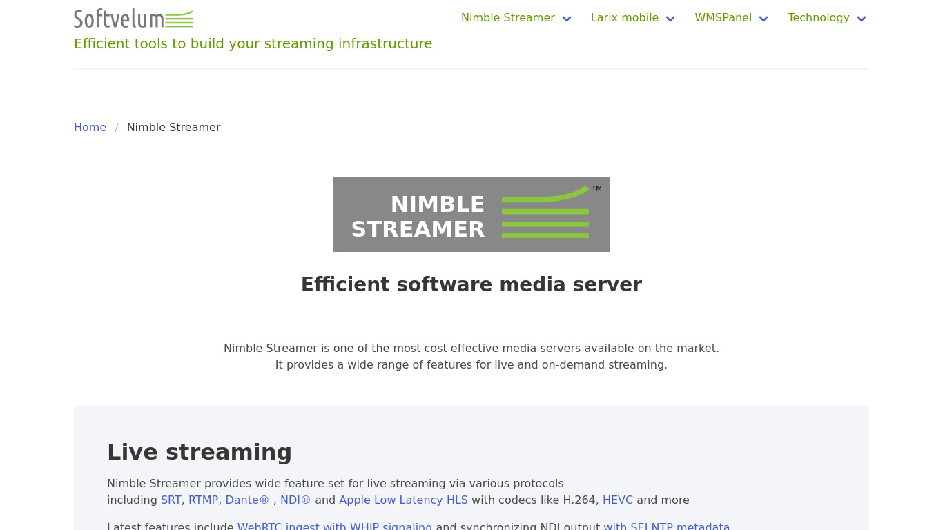 Nimble Streamer Landing page