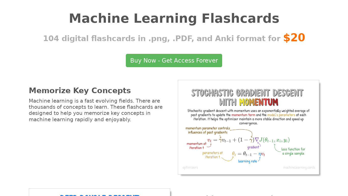 Machine Learning Flashcards Landing page
